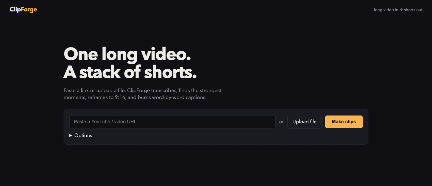 Actual ClipForge interface with video URL input, upload control, options, and Make clips action