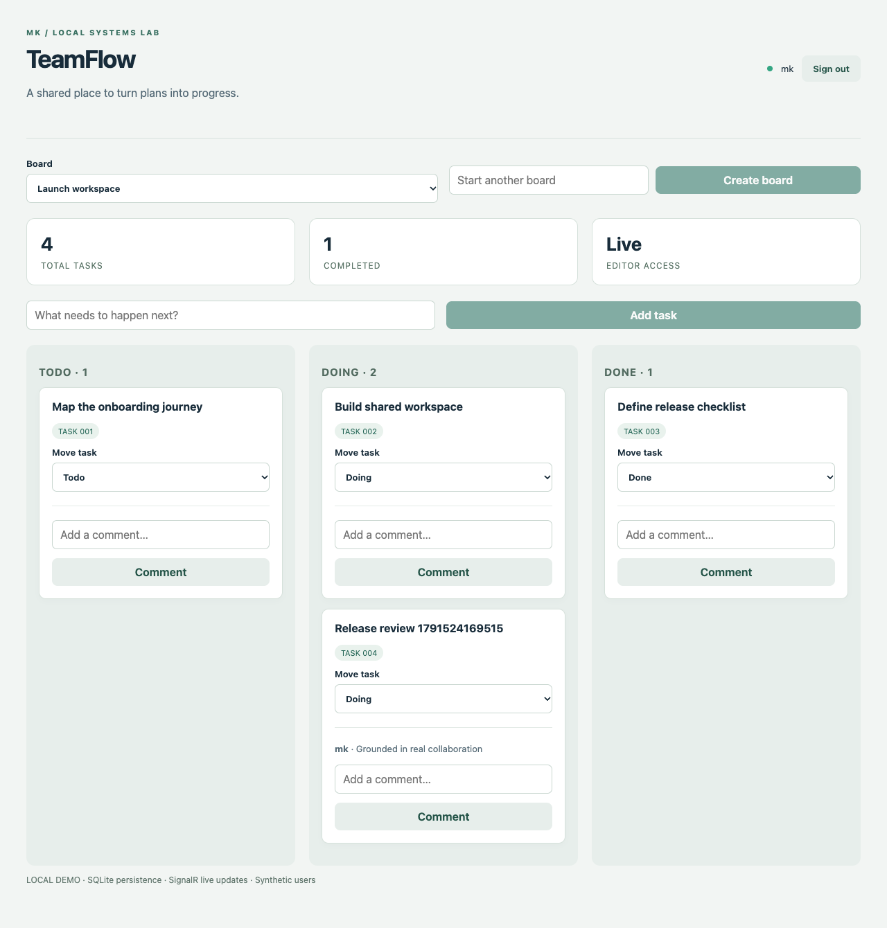 Actual TeamFlow application showing tasks organized into Todo, Doing, and Done with task comments